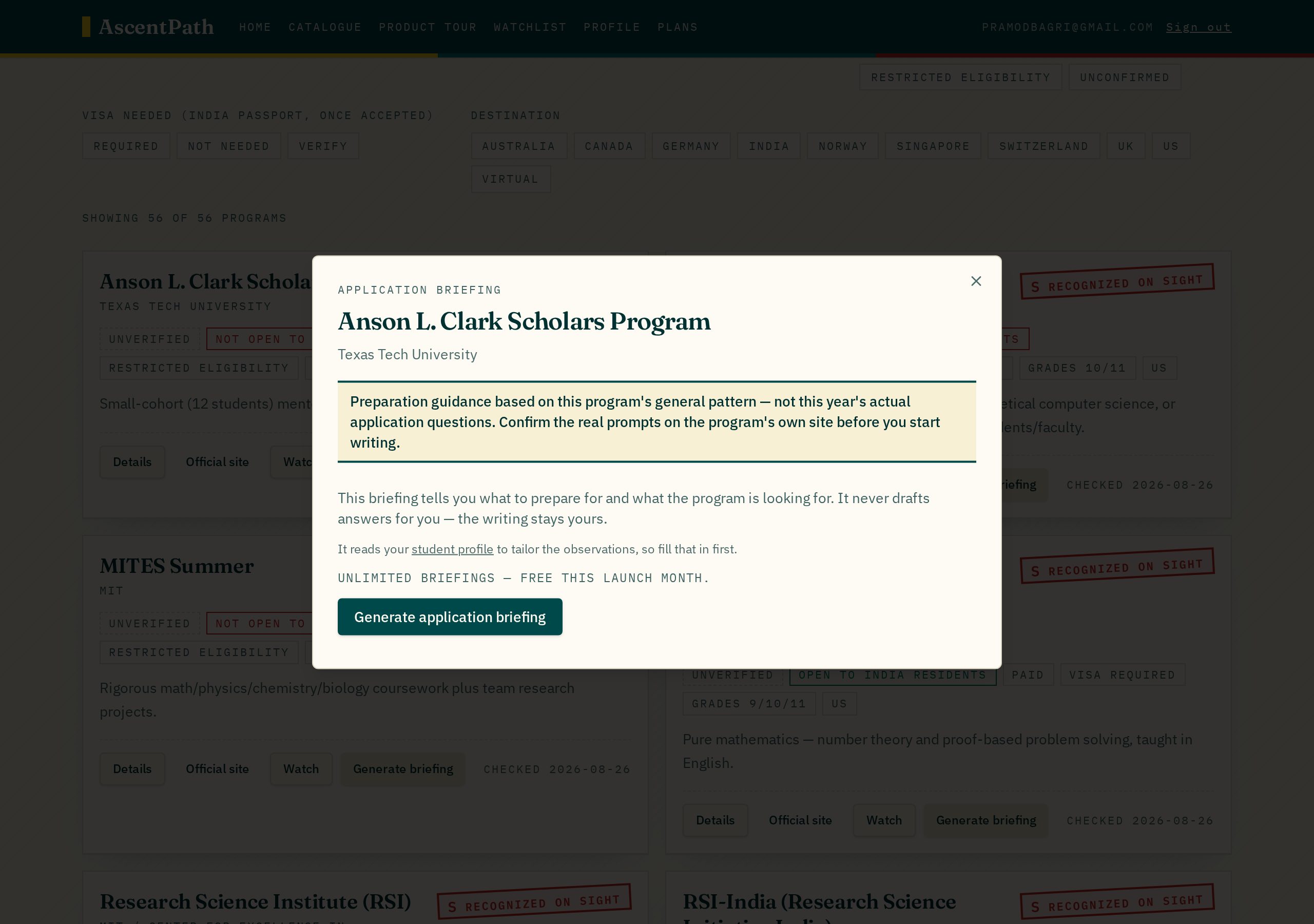 Application briefing dialog for the Anson L. Clark Scholars Program with a notice explaining it prepares answers rather than writing them