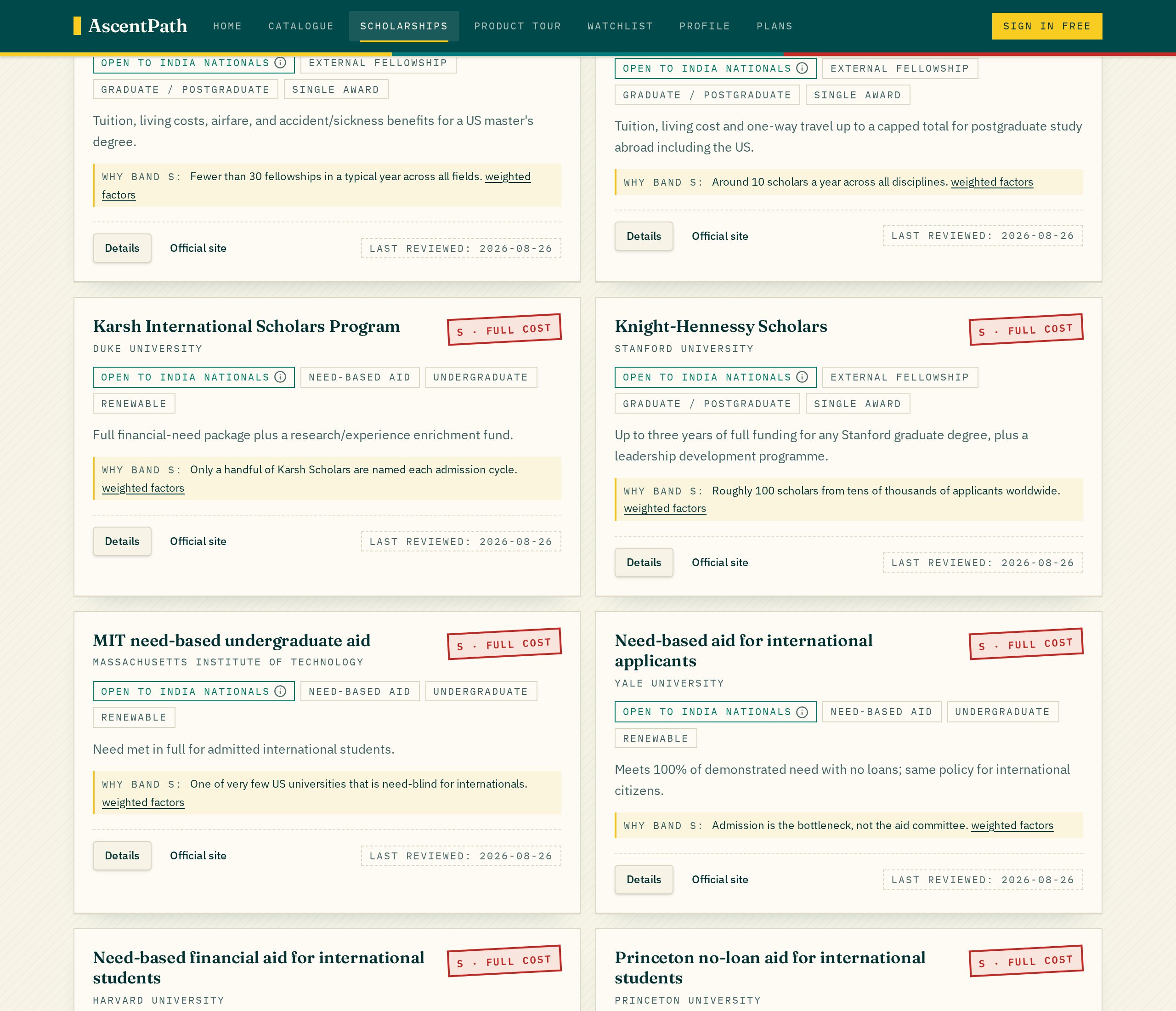 AscentPath scholarships page showing US university awards with nationality eligibility chips, S-band full-cost stamps and last-reviewed dates